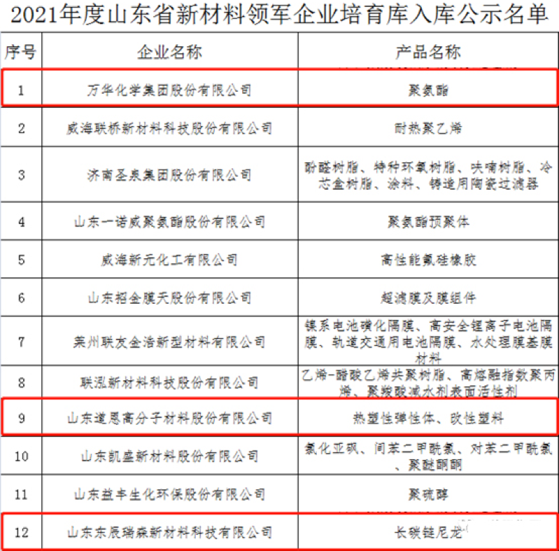 万华化学、山东道恩、东辰瑞森等企业在列！2021年度山东省新材料领军企业公示